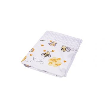 Paturica din bumbac model albinute si plus minky alb 80x80 cm