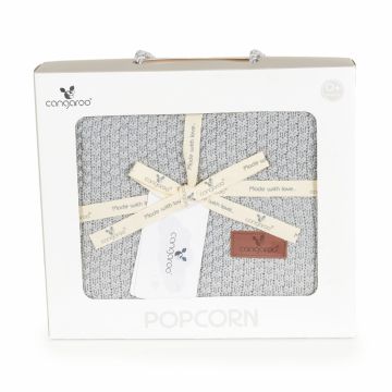 Paturica tricotata din bumbac si fibre bambus 80x100 cm Cangaroo Popcorn Gri in cutie cadou eleganta