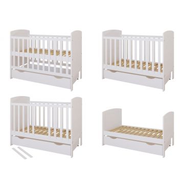Patut din lemn Nichiduta Philip Alb 120x60 cm cu Laterala detasabila,Sertar cu roti,Margine din silicon pentru protectie dintisori,Design elegant,Vopsele si materiale sigure,3 Nivele reglare somiera,Margini rotunjite