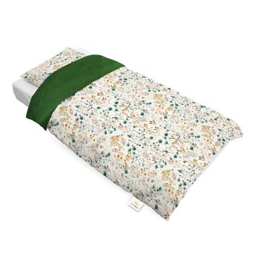 Set lenjerie de pat single din bumbac, Mini Flori Smarald, Little Amy, 100x135 cm