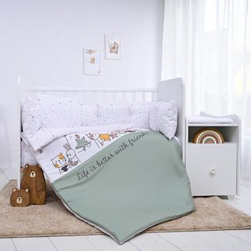 Set lenjerie pat 8 piese bumbac ranforce Trend Happy Friends Mint