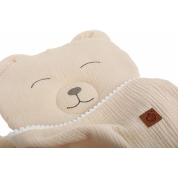 Set paturica 73x96 cm si perna 31x24 cm pentru copii Babymam, din muselina cu structura aerisita, model beige Teddybear