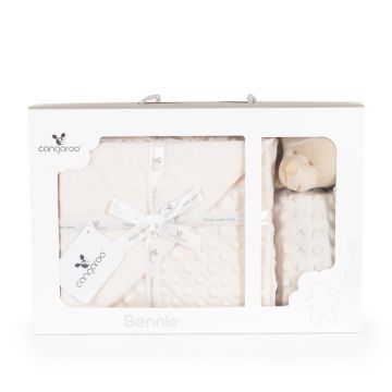Set paturica 75x100cm si jucarie de atasament Cangaroo Bennie Beige din bumbac Minky,in cutie cadou eleganta
