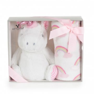 Set Paturica 90x75cm si Jucarie din plus 23cm pentru copii Cangaroo Rainbow Unicorn,din material moale,ideala pentru carucior sau patut