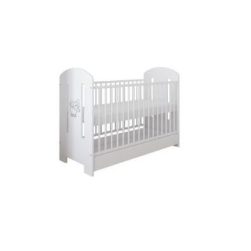 Set Patut din lemn cu sistem 3 bare detasabile si somiera reglabila pe 3 nivele de inaltime Ptilou Elefantel alb + Saltea cu husa detasabila din microfibra 12 cm grosime Nichiduta Cocos Comfort +