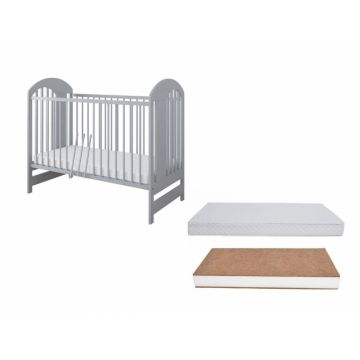 Set Patut din lemn pentru copii pana la 4 ani 124x66 cm cu sistem 3 bare detasabile Tymon Grey + Saltea cu husa detasabila din microfibra 10 cm grosime  Nichiduta Cocos Comfort +