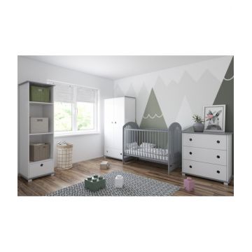 Set Patut din lemn pentru copii pana la 4 ani 124x66 cm cu sistem 3 bare detasabile Tymon Grey + Saltea cu husa detasabila din microfibra 12 cm grosime Nichiduta Cocos Comfort +