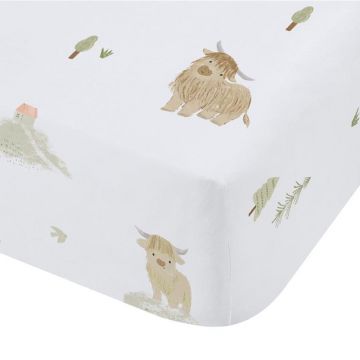 Cearceaf pentru copii alb din bumbac pentru pat de o persoană cu elastic 90x190 cm Mini Moo Cow – Bianca
