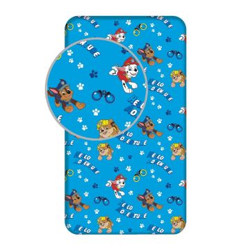 Cearceaf pentru copii albastru din bumbac pentru pat de o persoană cu elastic 90x200 cm Paw Patrol – Jerry Fabrics