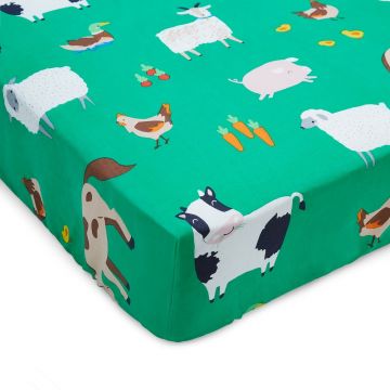 Cearceaf pentru copii verde pentru pătuț cu elastic 70x140 cm Farmyard Animals – Catherine Lansfield