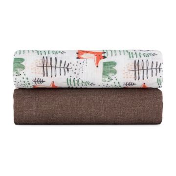 Set 2 scutece PetiteMars Forest Fox Misty, din muselina de bambus, hipoalergenice, 120x120 cm