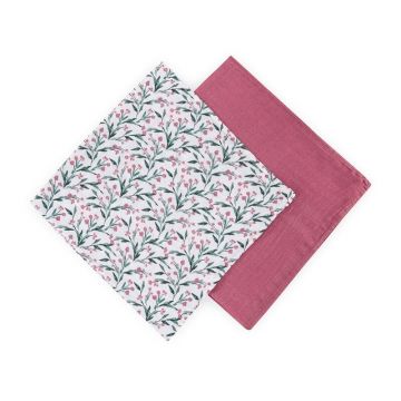 Set 2 scutece PetiteMars Pink Meadow Misty din muselina de bambus, hipoalergenice, 120x120 cm