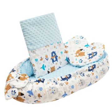 Set 3 piese, New Baby, Luxury, Baby Nest cu doua fete, Cu paturica si pernuta in forma de inima, Minky Bears Blue