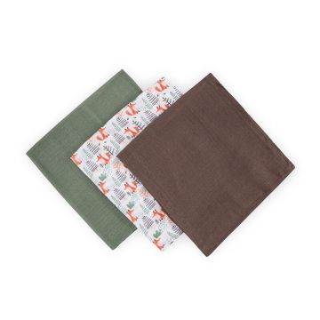 Set 3 scutece PetiteMars Forest Fox Moussy din muselina de bambus, hipoalergenice, 68x68 cm