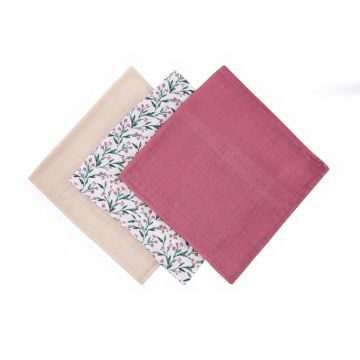 Set 3 scutece PetiteMars Pink Meadow Moussy din muselina de bambus, hipoalergenice, 68x68 cm