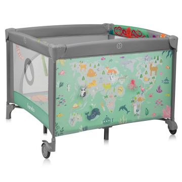 Tarc de joaca, Lionelo, Mille Plus, Pliabil, Include saltea cu densitate T25, 4 jucarii cu velcro, Manere textile, Geanta de transport, Cu roti si inchidere laterala, Pereti din plasa pentru vizibilitate si aerisire, 100 x 100 x 77 cm, Verde