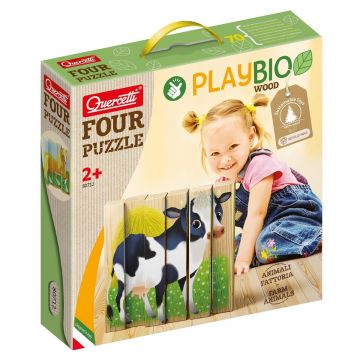 Puzzle din lemn 4 In 1, Quercetti, Animale Ferma, Play Bio, 6 piese