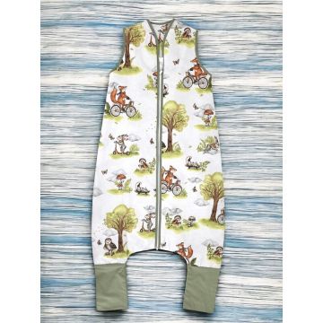 Sac de dormit Qmini Fox on bikes Natural cu picioruse, de iarna, din bumbac, fermoar, 103 cm, marimea M