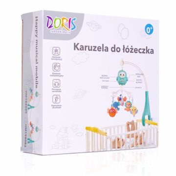 Carusel muzical Doris Blue Pinguin cu telecomanda si prindere universala,jucarii detasabile cu zornaitoare,cutie muzicala cu melodii,temporizator,volum reglabil