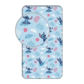Cearceaf pentru copii albastru din bumbac pentru pat de o persoană cu elastic Lilo & Stitch 