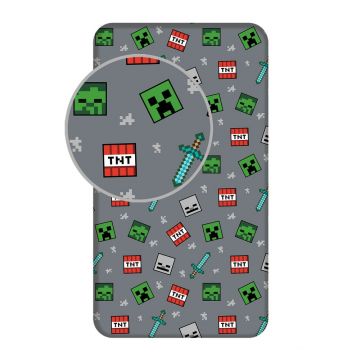 Cearceaf pentru copii gri din bumbac pentru pat de o persoană cu elastic 90x200 cm Minecraft 