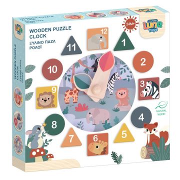 Ceas din lemn tip puzzle, Luna Toys, 22 x 3 cm