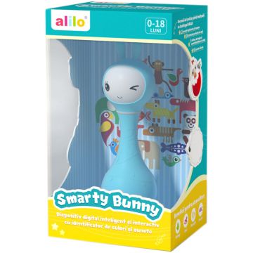 Iepuras interactiv pentru bebelusi, Alilo, Smarty, Albastru, RO/EN