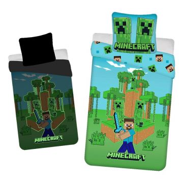 Lenjerie de pat fosforescentă pentru copii din bumbac pentru pat de o persoană 140x200 cm Minecraft 