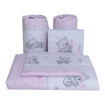 Lenjerie din bumbac cu 5 piese pentru saltea 120x60 cm Beberoyal BearsToys Roz ambalata intr-o gentuta de transport