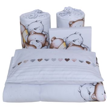 Lenjerie din bumbac cu 8 piese pentru saltea 120x60 cm Beberoyal Teddy BearHearts Alb