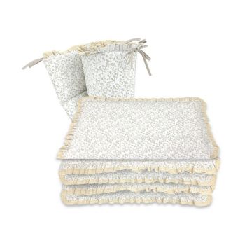 Lenjerie patut cu 3 piese, MimiNu, Premium, Pentru patut 120x60 cm, Cu protectie laterala, Din bumbac certificat Oeko Tex Standard 100, Cu dantela si volan, Meadow