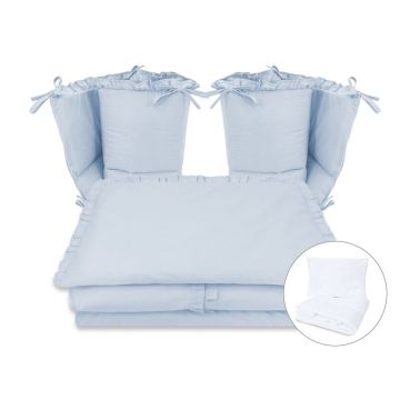 Lenjerie patut cu 6 piese, MimiNu, Pentru patut 120x60 cm, Cu volanase, Cu pilota si perna, Cu doua aparatori laterale, Din bumbac certificat Oeko Tex Standard 100, Colectia Royal, Blue