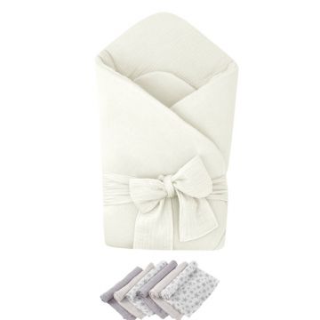 Pachet Paturica de infasat Cream, Qmini, Din muselina dubla si 6 scutece 35x35 cm din muselina de bambus