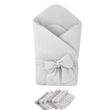 Pachet Paturica de infasat Grey, Qmini, Din muselina dubla si 6 scutece 35x35 cm din muselina de bambus