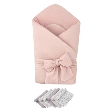 Pachet Paturica de infasat Pink, Qmini, Din muselina dubla si 6 scutece 35x35 cm din muselina de bambus