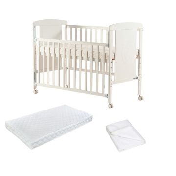 Pachet Patut din lemn bebe, 120x60 cm, Cu laterala culisanta, FreeON, Mia, Saltea 120x60x12 cm si protectie impermeabila