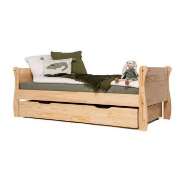 Pat pentru copii în culoare naturală cu extensie suplimentară din lemn de pin cu spațiu de depozitare cu somieră 70x140 cm Roma – Adeko