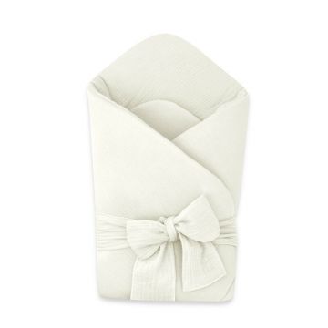 Paturica de infasat, Qmini, Din muselina dubla, Cu inchidere cu panglica, Dimensiune 75x75 cm, Din material certificat Oeko Tex Standard 100, Cream