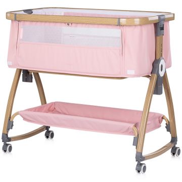 Patut co-sleeper Chipolino Charisma Powder Pink Wood cu laterala culisanta si functie de leagan