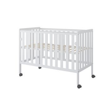 Patut din lemn si MDF pentru copii Nichiduta Bambi Alb cu laterala culisanta,roti cu blocare, vopsele ecologice pe baza de apa, margini rotunjite, dimensiuni interioare 120x60 cm