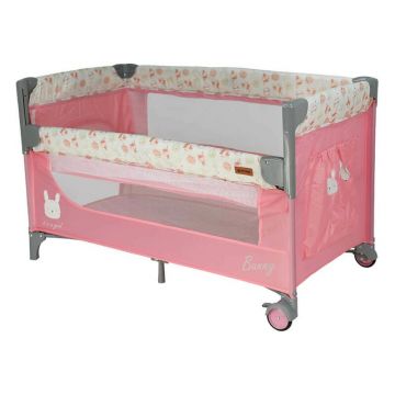 Patut pliant, Bebe Stars, Cu doua nivele, Cu laterala culisanta, 2 roti si buzunar lateral, Bunny
