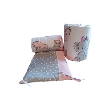 Set 2 aparatori laterale din bumbac pentru patut 120x60 cm Beberoyal ElefantBirds Pink