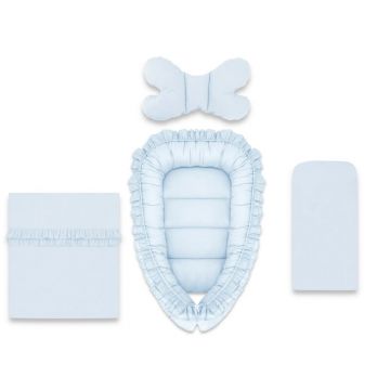 Set 4 in 1 Cosulet bebelus, MimiNu, Baby Cocoon 75x55 cm, Cu volanase, Husa bumbac, Din bumbac certificat Oeko Tex Standard 100, Cu paturica cu volanase 50x70 cm, Cu salteluta, Cu perna fluture, Colectia Royal, Blue