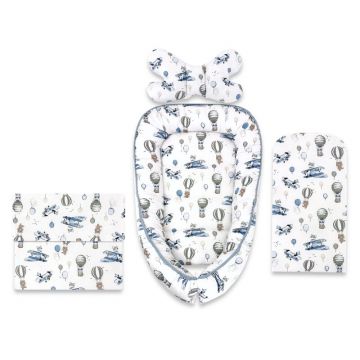 Set 4 in 1 Cosulet bebelus, MimiNu, Baby Cocoon 75x55 cm, Husa bumbac, Din bumbac certificat Oeko Tex Standard 100, Cu paturica 50x70 cm, Cu salteluta, Cu perna fluture, Blue Plane
