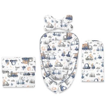 Set 4 in 1 Cosulet bebelus, MimiNu, Baby Cocoon 75x55 cm, Husa bumbac, Din bumbac certificat Oeko Tex Standard 100, Cu paturica 50x70 cm, Cu salteluta, Cu perna fluture, Design, Cars Grey