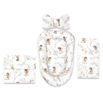 Set 4 in 1 Cosulet bebelus, MimiNu, Baby Cocoon 75x55 cm, Husa bumbac, Din bumbac certificat Oeko Tex Standard 100, Cu paturica 50x70 cm, Cu salteluta, Cu perna fluture, Fairy