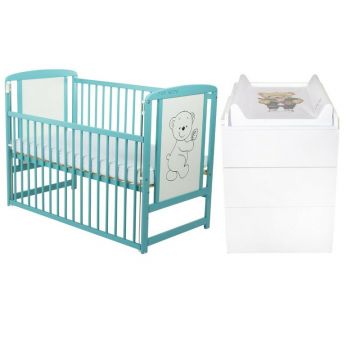 Set mobilier pentru copii, BabyNeeds: Patut din lemn de pin, cu laterala culisanta si somiera reglabila in 3 trepte, Timmi, 120x60 cm + Saltea cocos-burete-cocos, 8 cm + Comoda cu masuta de infasat, Alb/Mint