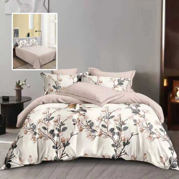 Lenjerie de pat din finet cu 6 piese, cearceaf pat clasic, cearceaf pilota 200 x 230 cm, 2 fete perna 50 x 70 cm si 2 fete perna 70 x 70 cm model flori crem