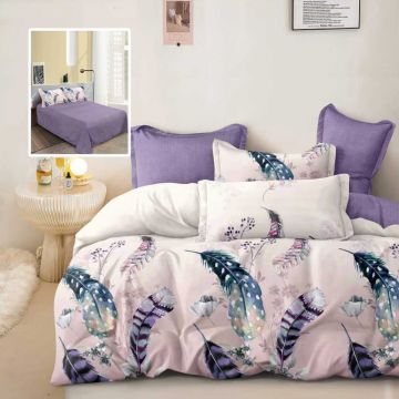 Lenjerie de pat din finet cu 6 piese, cearceaf pat clasic, cearceaf pilota 200 x 230 cm, 2 fete perna 50 x 70 cm si 2 fete perna 70 x 70 cm model mov cu pene