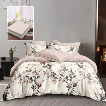 Lenjerie de pat din finet cu 6 piese, cearceaf pat cu elastic, cearceaf pilota 200 x 230 cm, 2 fete perna 50 x 70 cm si 2 fete perna 70 x 70 cm flori crem